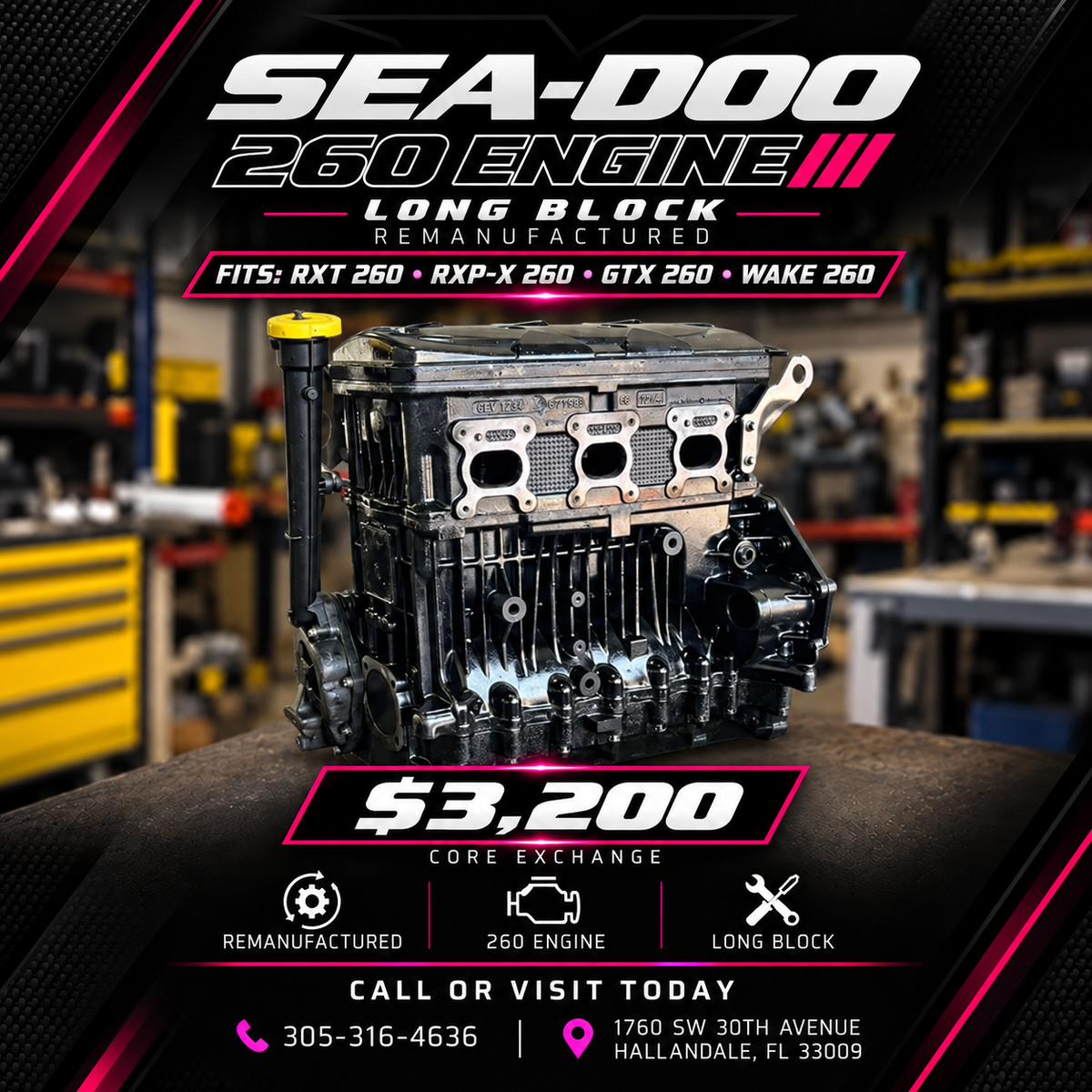 Sea Doo 260 Remanufactured Engine with titanium Retainers - Core Exchange Program