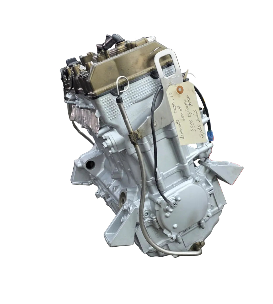Remanufactured Kawasaki Ultra 260 long block engine from Miami Jet Ski Motorsports, showing the engine components and branding.