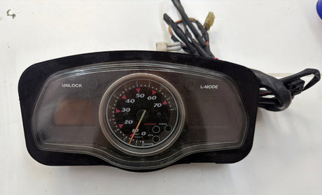 Yamaha OEM F1K‑6820A‑11‑00 meter assembly, used electrical part with dials and wiring connections for motorcycle or jet ski.