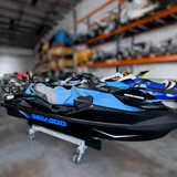 Pre-owned 2019 Sea Doo RXT 230 jet ski with supercharged engine, showing sleek body and handlebars, 90 hours used.
