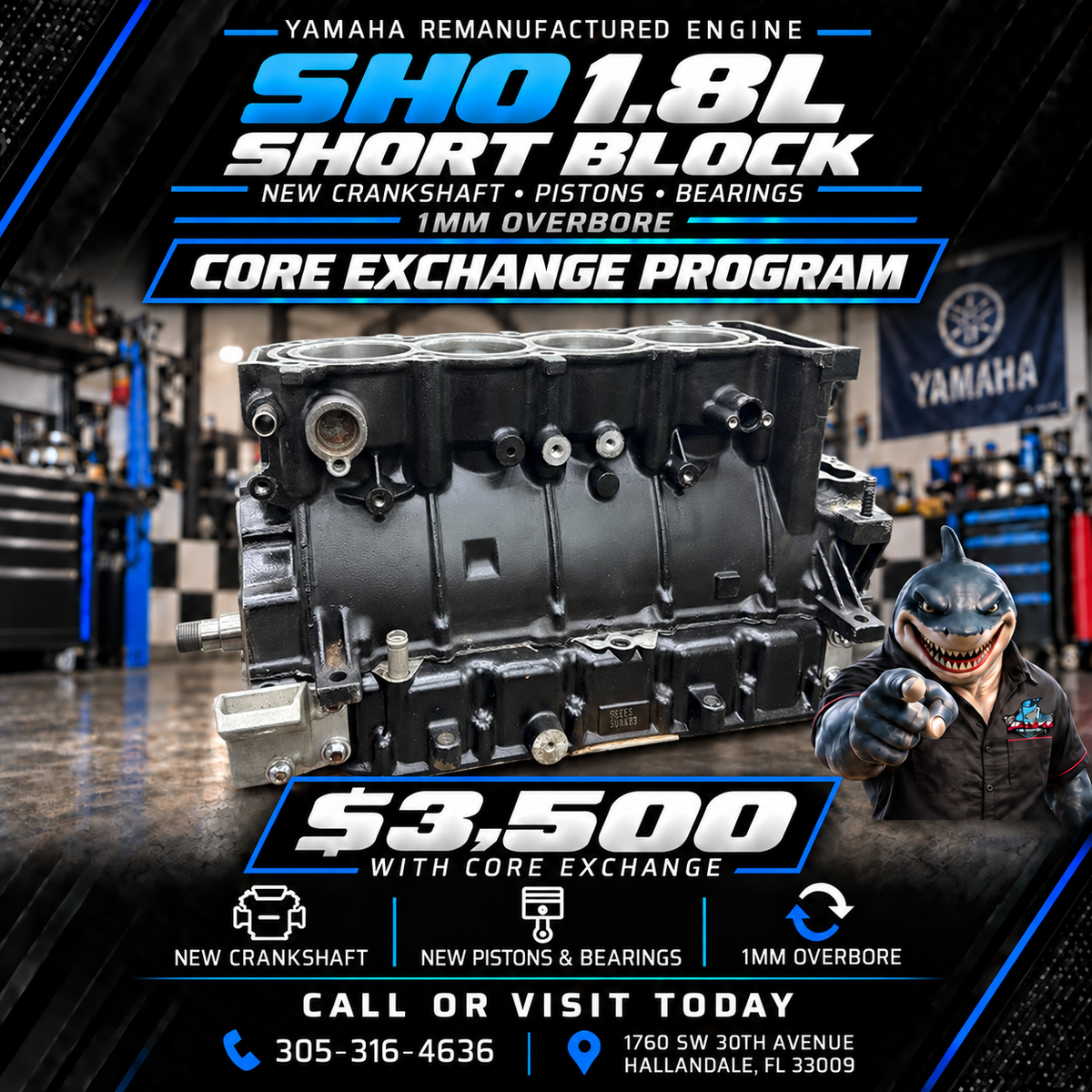 Yamaha 1.8L SHO Short Block — Remanufactured with New Crankshaft, Pistons & Bearings (1MM Overbore)