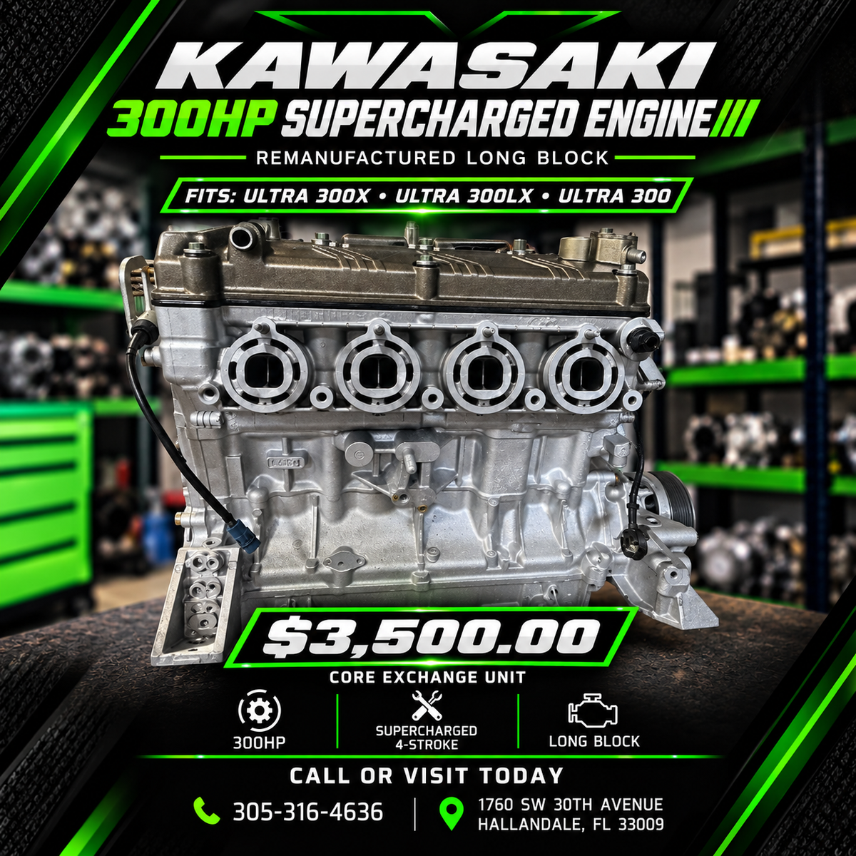 Kawasaki 300HP Supercharged Remanufactured Engine – Long Block | Core Exchange