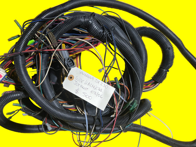 OEM Yamaha wire harness for SX230 jet boat, 2003–2006, marine electrical part by MIAMIJETSKIMOTORSPORTS, showing detailed wiring connections.