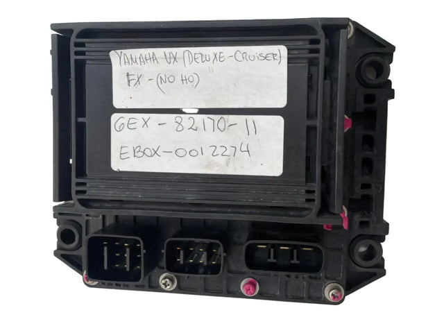 Black electronic module with labels on a white background