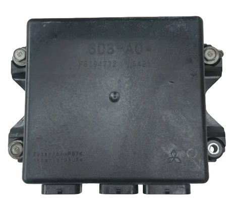 Black electronic module with visible branding on a perforated metal background