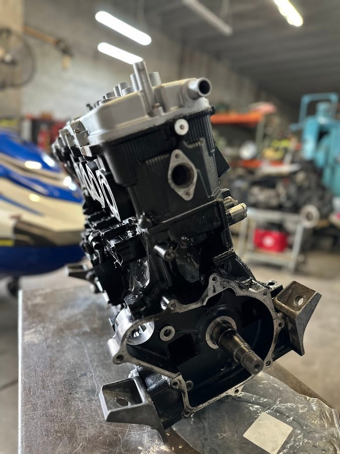Remanufactured Yamaha 1.8L SVHO engine for FX Cruiser SVHO, FX SVHO, GP1800R SVHO models, shown in a detailed side view.
