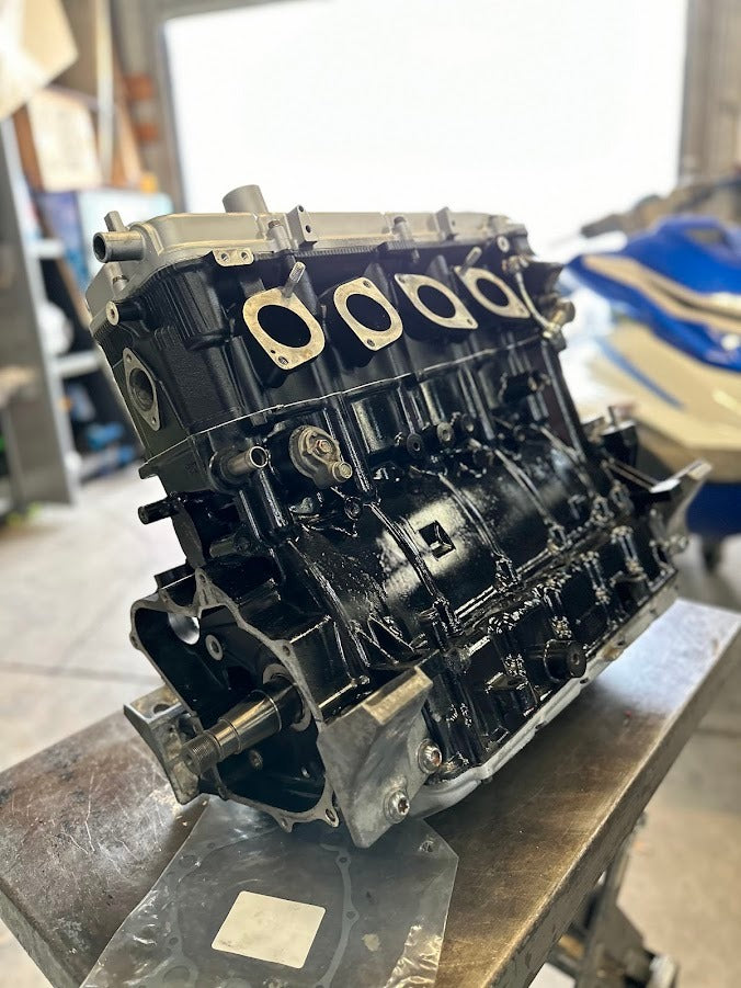 Remanufactured Yamaha 1.8L SVHO engine for FX Cruiser SVHO, FX SVHO, GP1800R SVHO models, shown with metallic components and fittings.