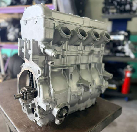 Remanufactured Yamaha 1100 cc 4-stroke engine long block unit by MIAMIJETSKIMOTORSPORTS, shown in the image.
